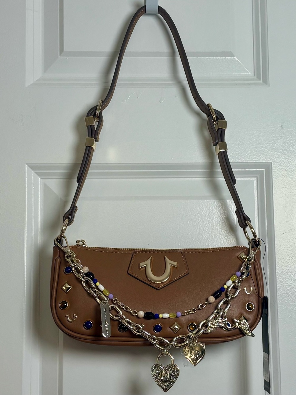 True Religion Cognac Brown Shoulder Handbag w/ Chain & Bead Charms Detailing